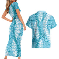 Blue Puakenikeni and Maile Lei Couples Matching Short Sleeve Bodycon Dress and Hawaiian Shirt Hawaiian Style Tribal Tapa Double Strand Lei LT9 - Polynesian Pride