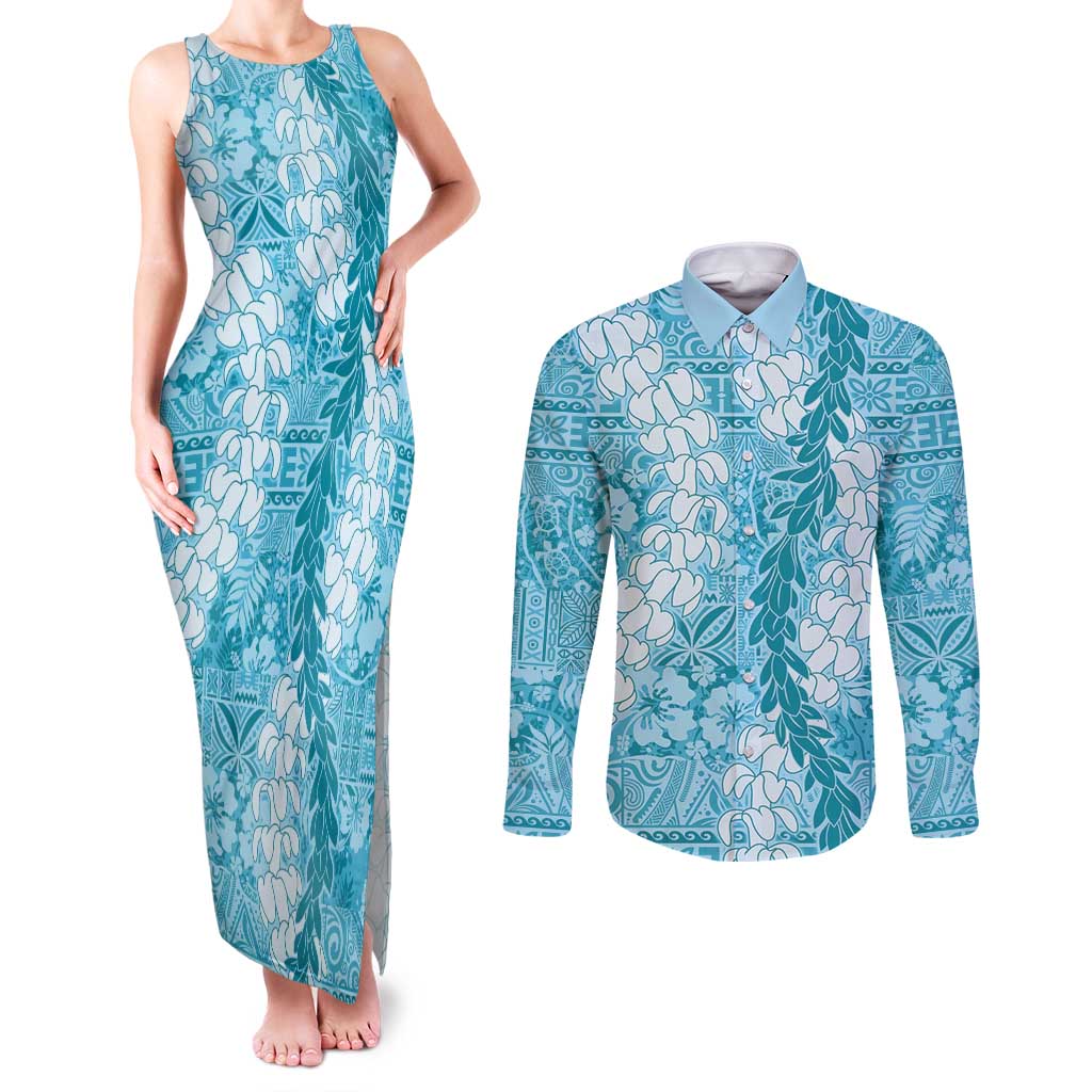 Blue Puakenikeni and Maile Lei Couples Matching Tank Maxi Dress and Long Sleeve Button Shirt Hawaiian Style Tribal Tapa Double Strand Lei LT9 Blue - Polynesian Pride