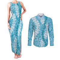 Blue Puakenikeni and Maile Lei Couples Matching Tank Maxi Dress and Long Sleeve Button Shirt Hawaiian Style Tribal Tapa Double Strand Lei LT9 Blue - Polynesian Pride