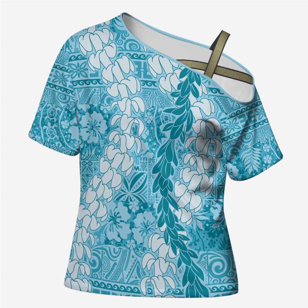 Blue Puakenikeni and Maile Lei Cross Shoulder Shirt Hawaiian Style Tribal Tapa Double Strand Lei LT9 Female Blue - Polynesian Pride