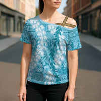 Blue Puakenikeni and Maile Lei Cross Shoulder Shirt Hawaiian Style Tribal Tapa Double Strand Lei LT9 - Polynesian Pride