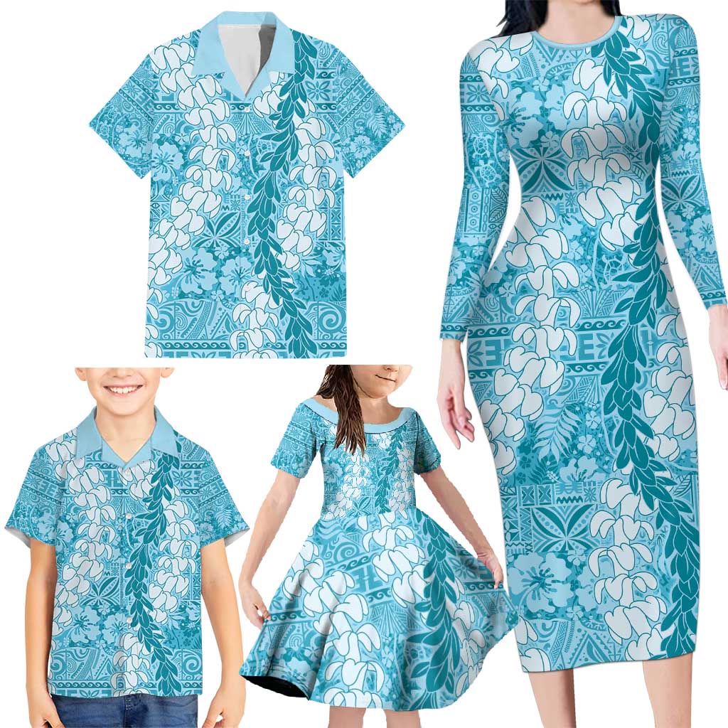 Blue Puakenikeni and Maile Lei Family Matching Long Sleeve Bodycon Dress and Hawaiian Shirt Hawaiian Style Tribal Tapa Double Strand Lei LT9 - Polynesian Pride