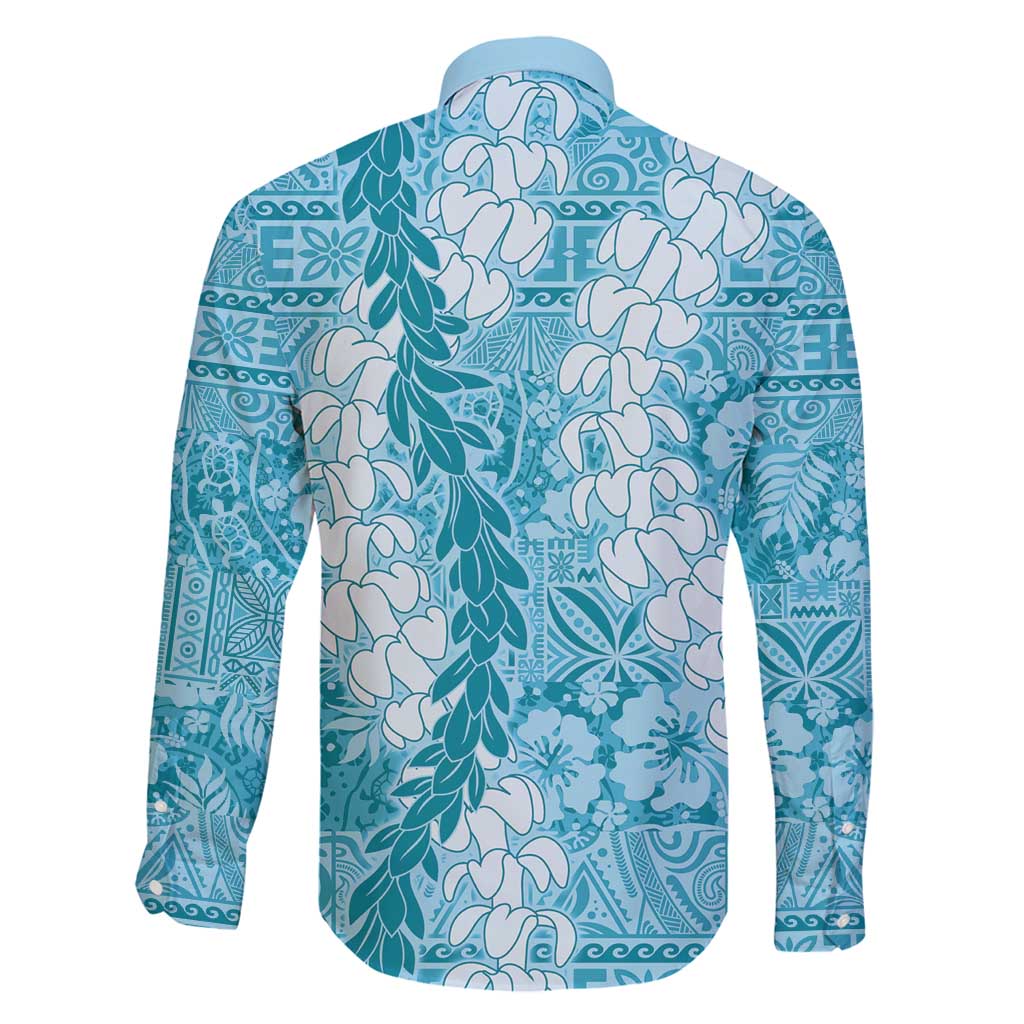 Blue Puakenikeni and Maile Lei Family Matching Long Sleeve Bodycon Dress and Hawaiian Shirt Hawaiian Style Tribal Tapa Double Strand Lei LT9 - Polynesian Pride