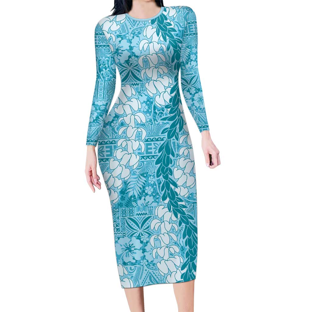 Blue Puakenikeni and Maile Lei Family Matching Long Sleeve Bodycon Dress and Hawaiian Shirt Hawaiian Style Tribal Tapa Double Strand Lei LT9 Mom's Dress Blue - Polynesian Pride
