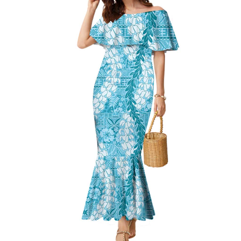 Blue Puakenikeni and Maile Lei Family Matching Mermaid Dress and Hawaiian Shirt Hawaiian Style Tribal Tapa Double Strand Lei LT9 Mom's Dress Blue - Polynesian Pride