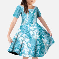 Blue Puakenikeni and Maile Lei Family Matching Off The Shoulder Long Sleeve Dress and Hawaiian Shirt Hawaiian Style Tribal Tapa Double Strand Lei LT9 Daughter's Dress Blue - Polynesian Pride