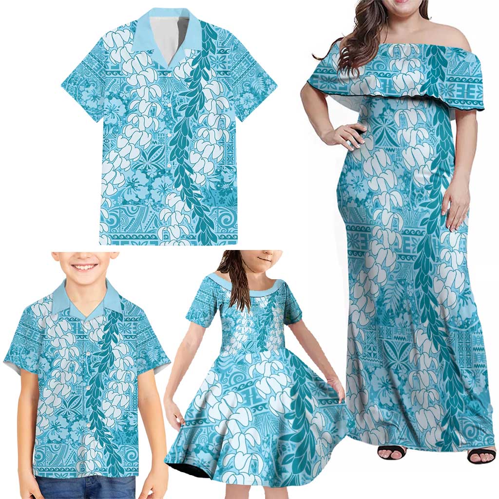 Blue Puakenikeni and Maile Lei Family Matching Off Shoulder Maxi Dress and Hawaiian Shirt Hawaiian Style Tribal Tapa Double Strand Lei
