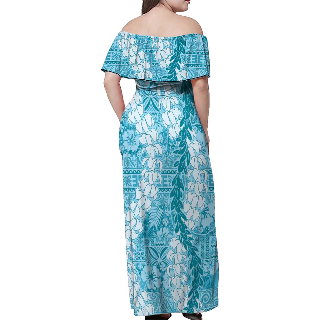 Blue Puakenikeni and Maile Lei Family Matching Off Shoulder Maxi Dress and Hawaiian Shirt Hawaiian Style Tribal Tapa Double Strand Lei