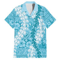 Blue Puakenikeni and Maile Lei Family Matching Off Shoulder Short Dress and Hawaiian Shirt Hawaiian Style Tribal Tapa Double Strand Lei LT9 Dad's Shirt - Short Sleeve Blue - Polynesian Pride