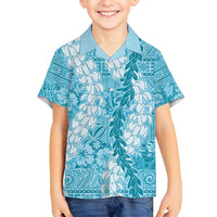 Blue Puakenikeni and Maile Lei Family Matching Off Shoulder Short Dress and Hawaiian Shirt Hawaiian Style Tribal Tapa Double Strand Lei LT9 Son's Shirt Blue - Polynesian Pride