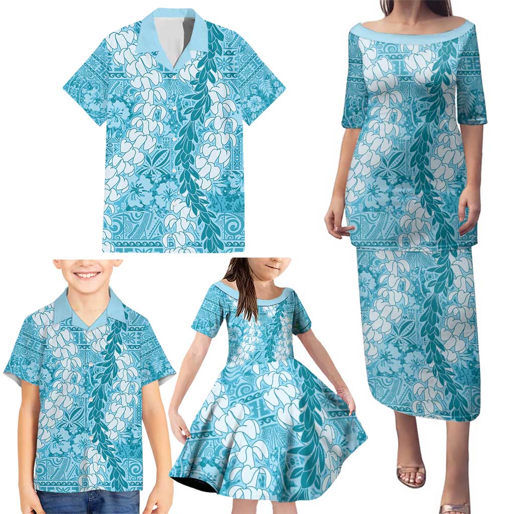 Blue Puakenikeni and Maile Lei Family Matching Puletasi and Hawaiian Shirt Hawaiian Style Tribal Tapa Double Strand Lei LT9 - Polynesian Pride