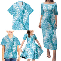 Blue Puakenikeni and Maile Lei Family Matching Puletasi and Hawaiian Shirt Hawaiian Style Tribal Tapa Double Strand Lei LT9 - Polynesian Pride