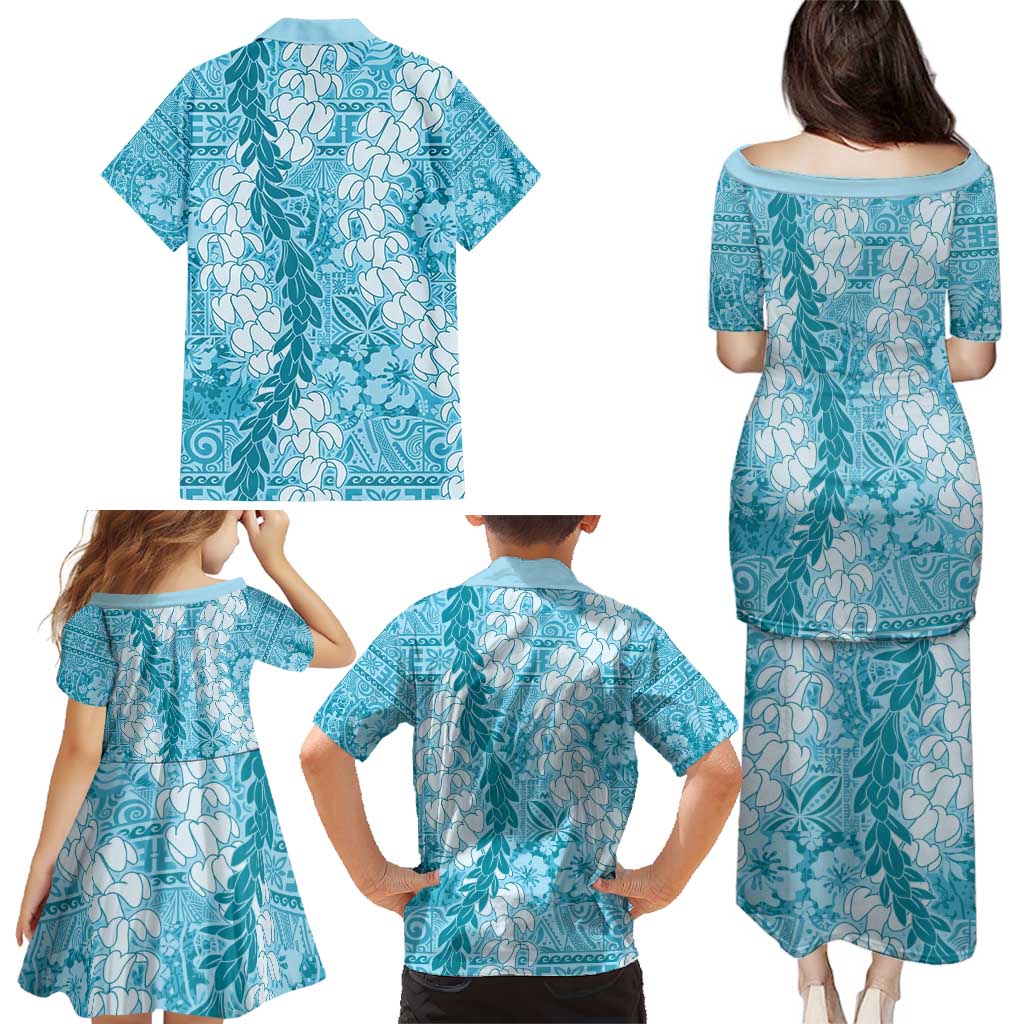 Blue Puakenikeni and Maile Lei Family Matching Puletasi and Hawaiian Shirt Hawaiian Style Tribal Tapa Double Strand Lei LT9 - Polynesian Pride