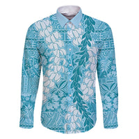 Blue Puakenikeni and Maile Lei Family Matching Puletasi and Hawaiian Shirt Hawaiian Style Tribal Tapa Double Strand Lei LT9 Dad's Shirt - Long Sleeve Blue - Polynesian Pride