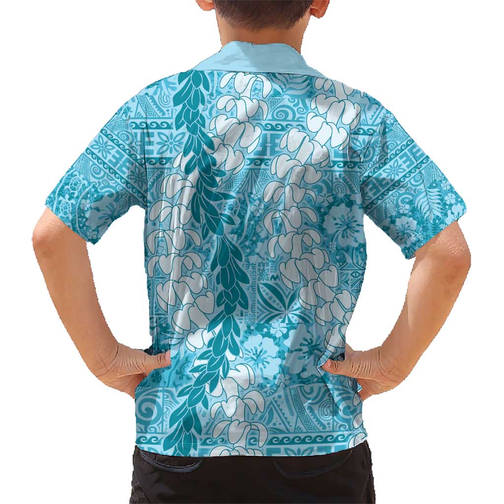 Blue Puakenikeni and Maile Lei Family Matching Short Sleeve Bodycon Dress and Hawaiian Shirt Hawaiian Style Tribal Tapa Double Strand Lei LT9 - Polynesian Pride