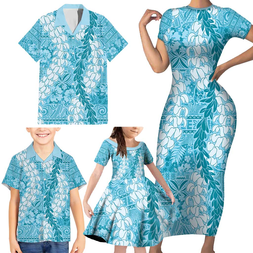 Blue Puakenikeni and Maile Lei Family Matching Short Sleeve Bodycon Dress and Hawaiian Shirt Hawaiian Style Tribal Tapa Double Strand Lei LT9 - Polynesian Pride