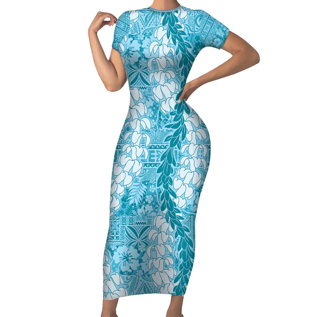 Blue Puakenikeni and Maile Lei Family Matching Short Sleeve Bodycon Dress and Hawaiian Shirt Hawaiian Style Tribal Tapa Double Strand Lei LT9 Mom's Dress Blue - Polynesian Pride