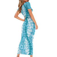 Blue Puakenikeni and Maile Lei Family Matching Short Sleeve Bodycon Dress and Hawaiian Shirt Hawaiian Style Tribal Tapa Double Strand Lei LT9 - Polynesian Pride