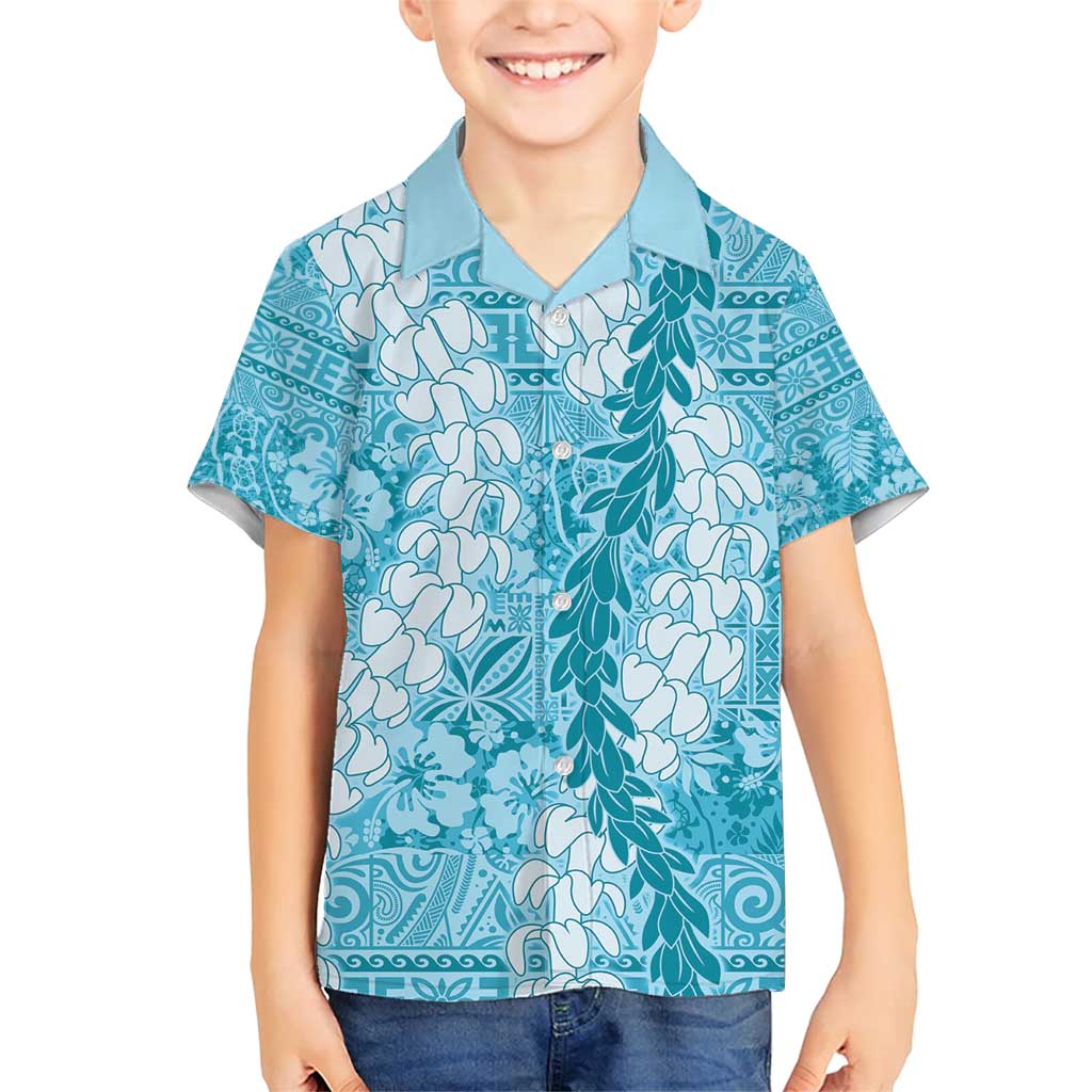 Blue Puakenikeni and Maile Lei Family Matching Short Sleeve Bodycon Dress and Hawaiian Shirt Hawaiian Style Tribal Tapa Double Strand Lei LT9 Son's Shirt Blue - Polynesian Pride