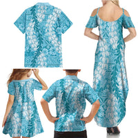 Blue Puakenikeni and Maile Lei Family Matching Summer Maxi Dress and Hawaiian Shirt Hawaiian Style Tribal Tapa Double Strand Lei