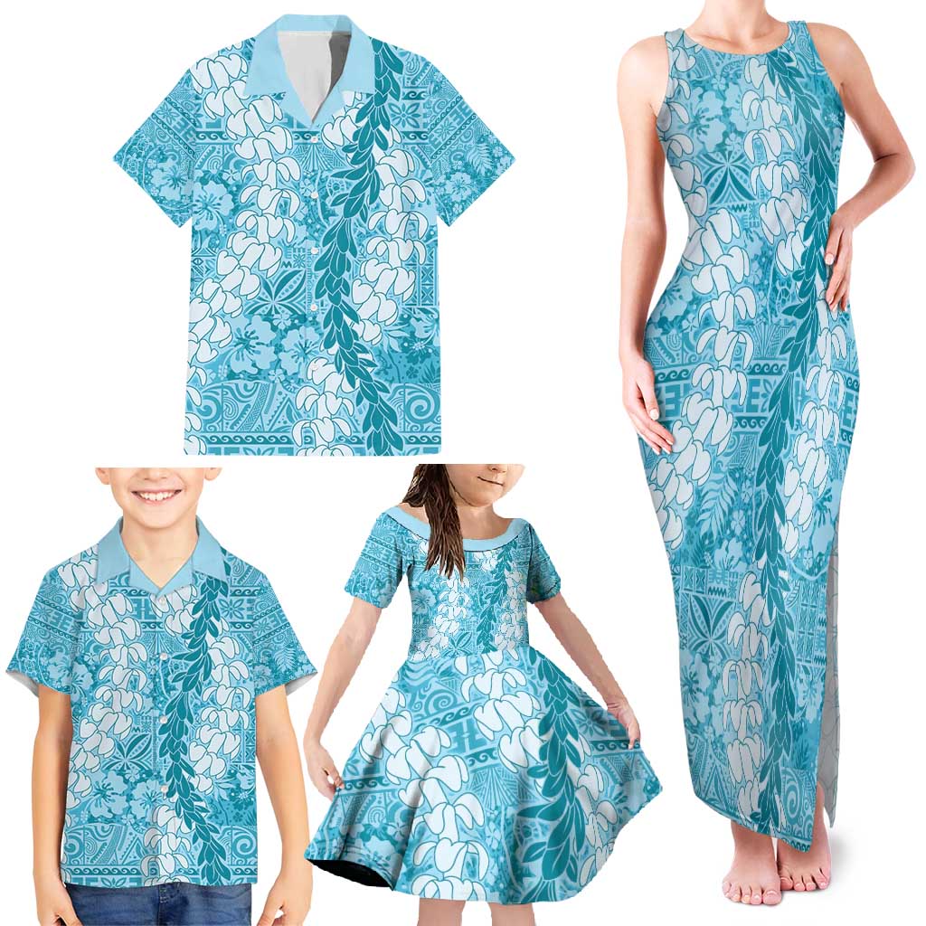 Blue Puakenikeni and Maile Lei Family Matching Tank Maxi Dress and Hawaiian Shirt Hawaiian Style Tribal Tapa Double Strand Lei