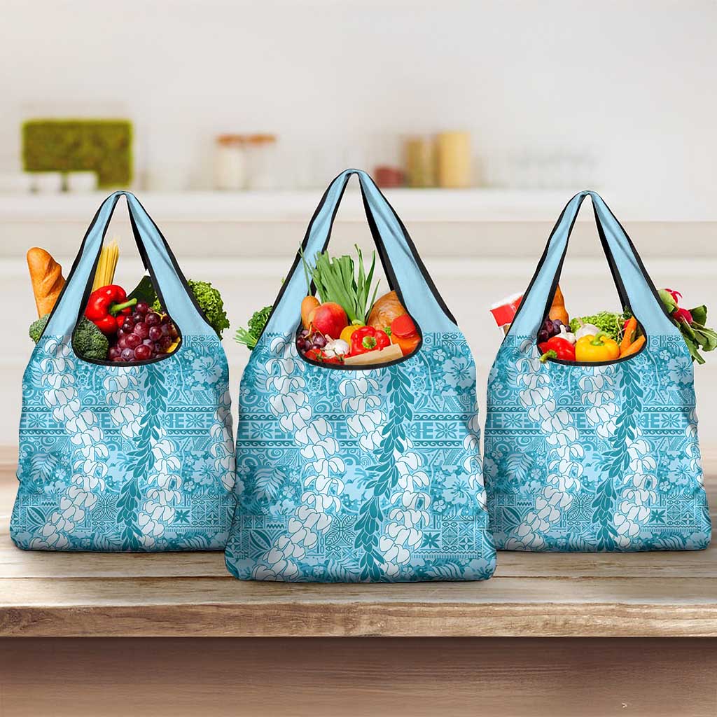 Blue Puakenikeni and Maile Lei Grocery Bag Hawaiian Style Tribal Tapa Double Strand Lei