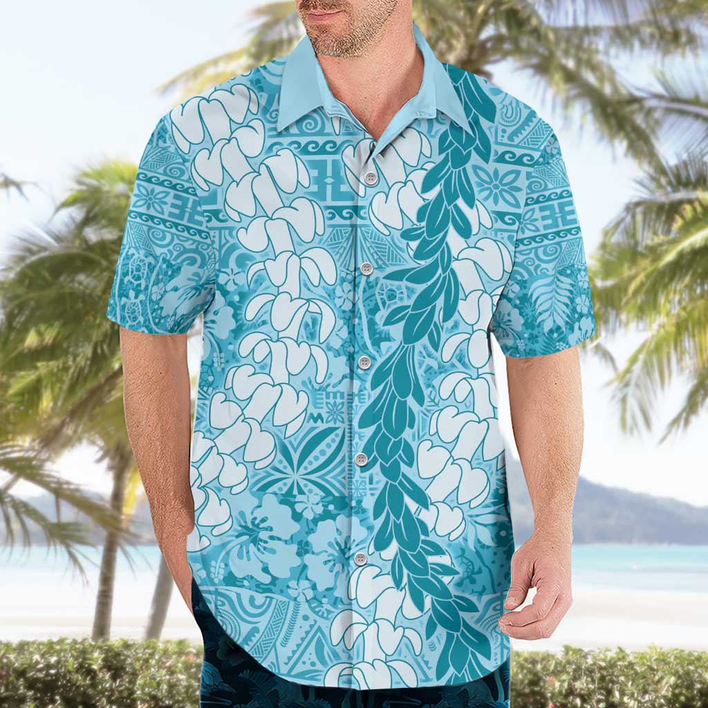 Blue Puakenikeni and Maile Lei Hawaiian Shirt Hawaiian Style Tribal Tapa Double Strand Lei