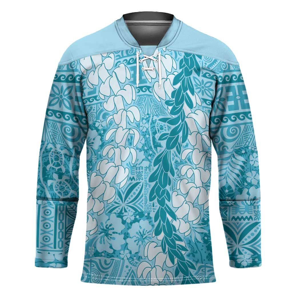 Blue Puakenikeni and Maile Lei Hockey Jersey Hawaiian Style Tribal Tapa Double Strand Lei LT9 Unisex Blue - Polynesian Pride