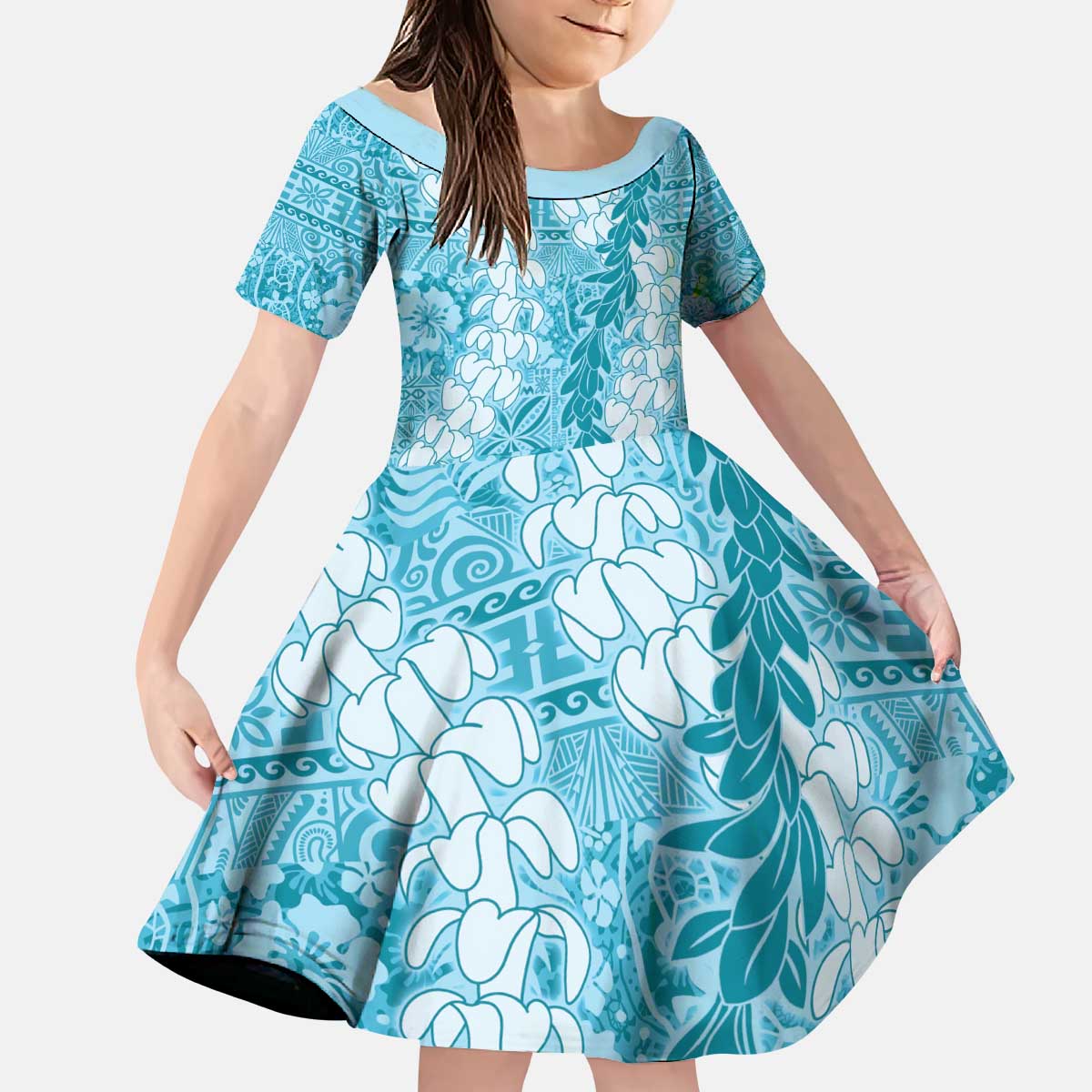 Blue Puakenikeni and Maile Lei Kid Short Sleeve Dress Hawaiian Style Tribal Tapa Double Strand Lei LT9 KID Blue - Polynesian Pride
