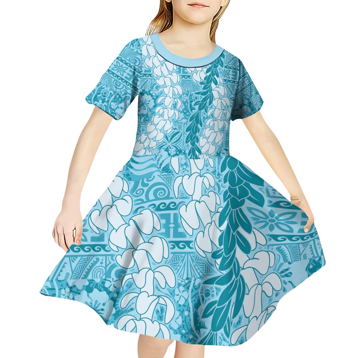 Blue Puakenikeni and Maile Lei Kid Short Sleeve Dress Hawaiian Style Tribal Tapa Double Strand Lei LT9 - Polynesian Pride