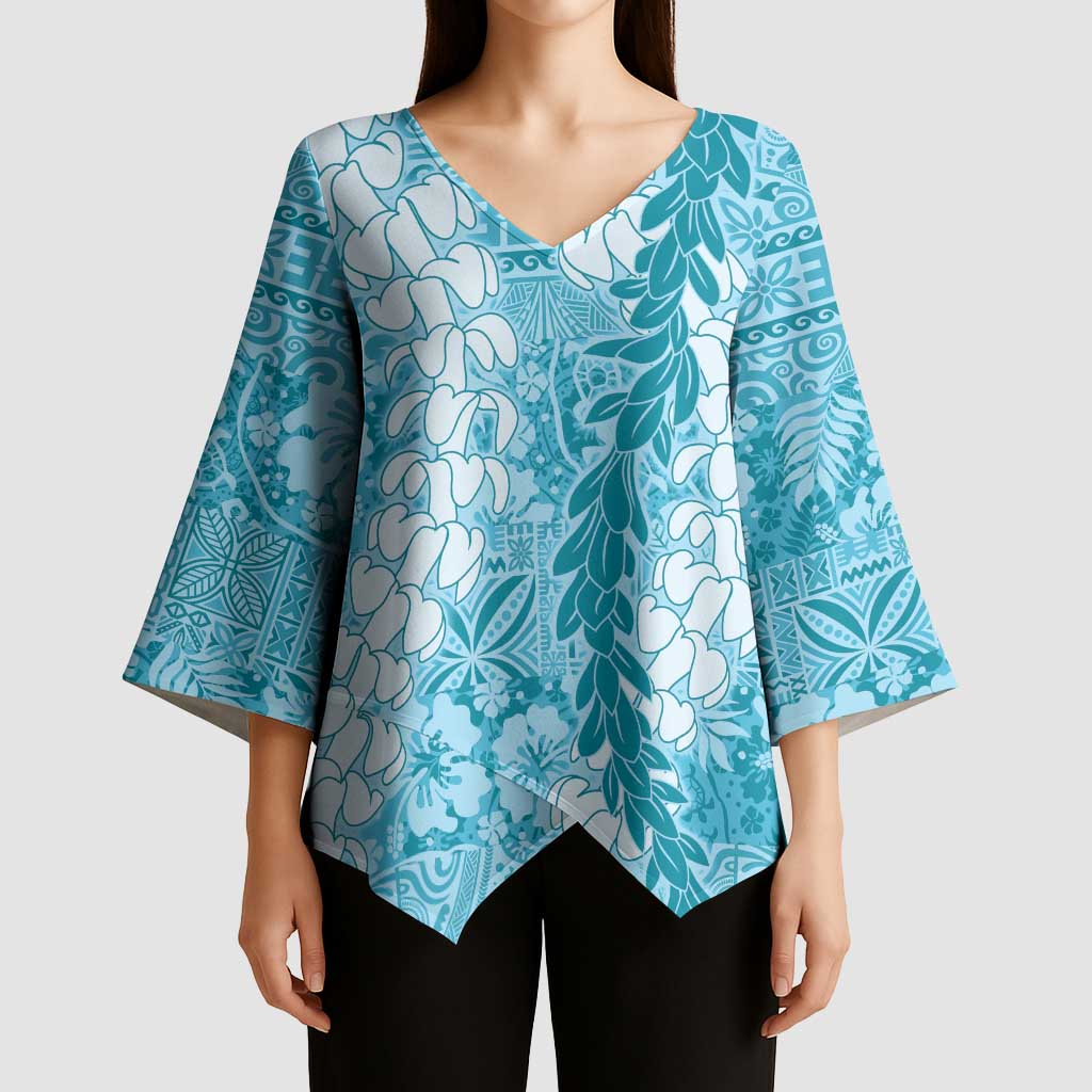 Blue Puakenikeni and Maile Lei Kimono Sleeve Blouse Hawaiian Style Tribal Tapa Double Strand Lei - Polynesian Pride