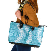 Blue Puakenikeni and Maile Lei Leather Tote Bag Hawaiian Style Tribal Tapa Double Strand Lei