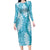 Blue Puakenikeni and Maile Lei Long Sleeve Bodycon Dress Hawaiian Style Tribal Tapa Double Strand Lei