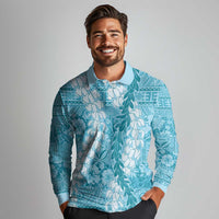 Blue Puakenikeni and Maile Lei Long Sleeve Polo Shirt Hawaiian Style Tribal Tapa Double Strand Lei