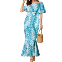 Blue Puakenikeni and Maile Lei Mermaid Dress Hawaiian Style Tribal Tapa Double Strand Lei LT9 Women Blue - Polynesian Pride