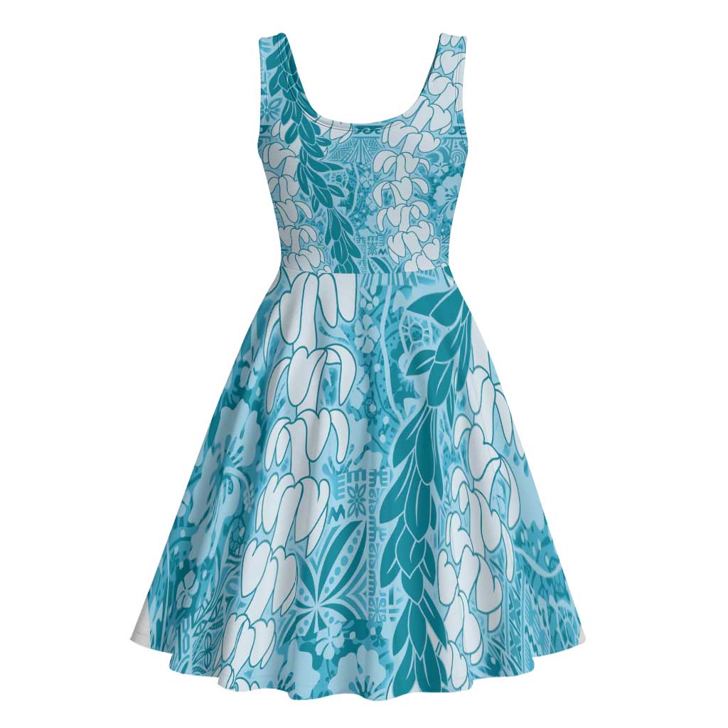 Blue Puakenikeni and Maile Lei Midi Dress Hawaiian Style Tribal Tapa Double Strand Lei - Polynesian Pride