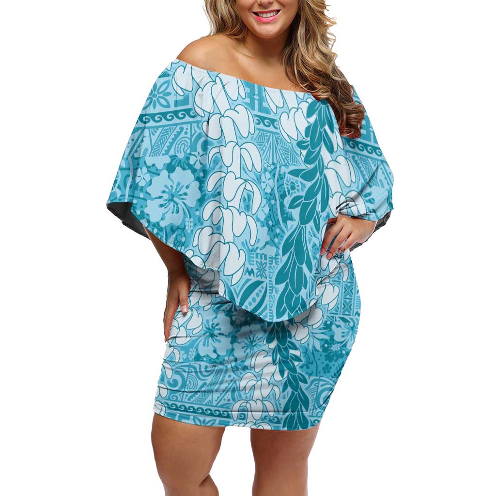 Blue Puakenikeni and Maile Lei Off Shoulder Short Dress Hawaiian Style Tribal Tapa Double Strand Lei