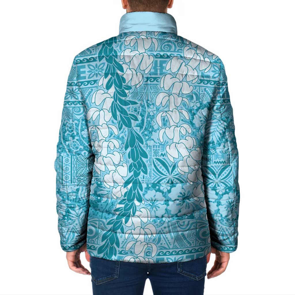 Blue Puakenikeni and Maile Lei Padded Jacket Hawaiian Style Tribal Tapa Double Strand Lei - Polynesian Pride