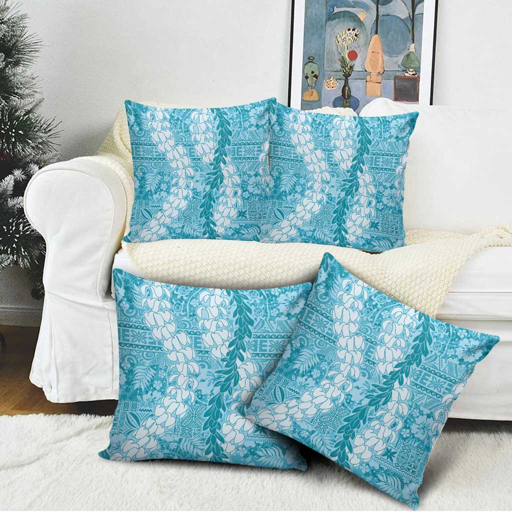 Blue Puakenikeni and Maile Lei Pillow Cover Hawaiian Style Tribal Tapa Double Strand Lei - Polynesian Pride