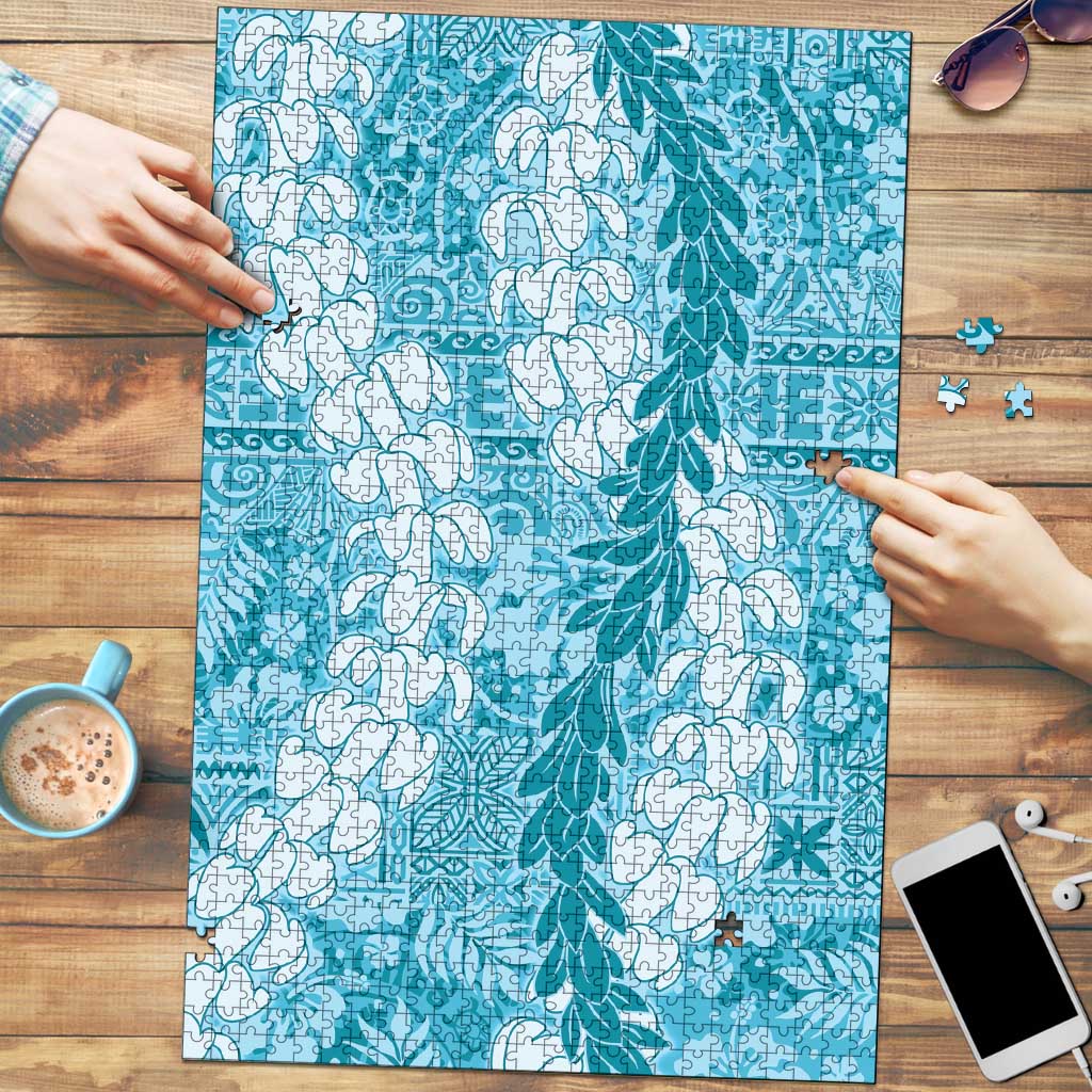 Blue Puakenikeni and Maile Lei Puzzle Hawaiian Style Tribal Tapa Double Strand Lei - Polynesian Pride