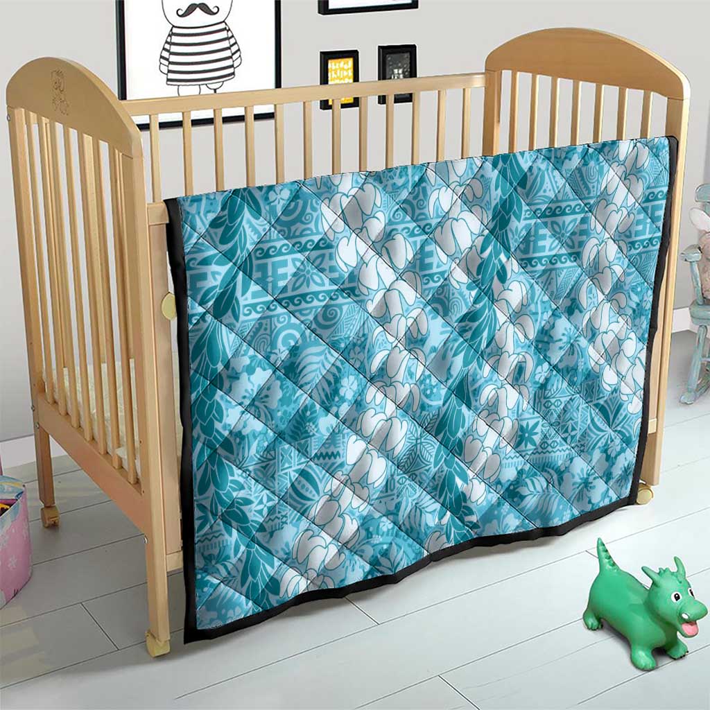 Blue Puakenikeni and Maile Lei Quilt Hawaiian Style Tribal Tapa Double Strand Lei