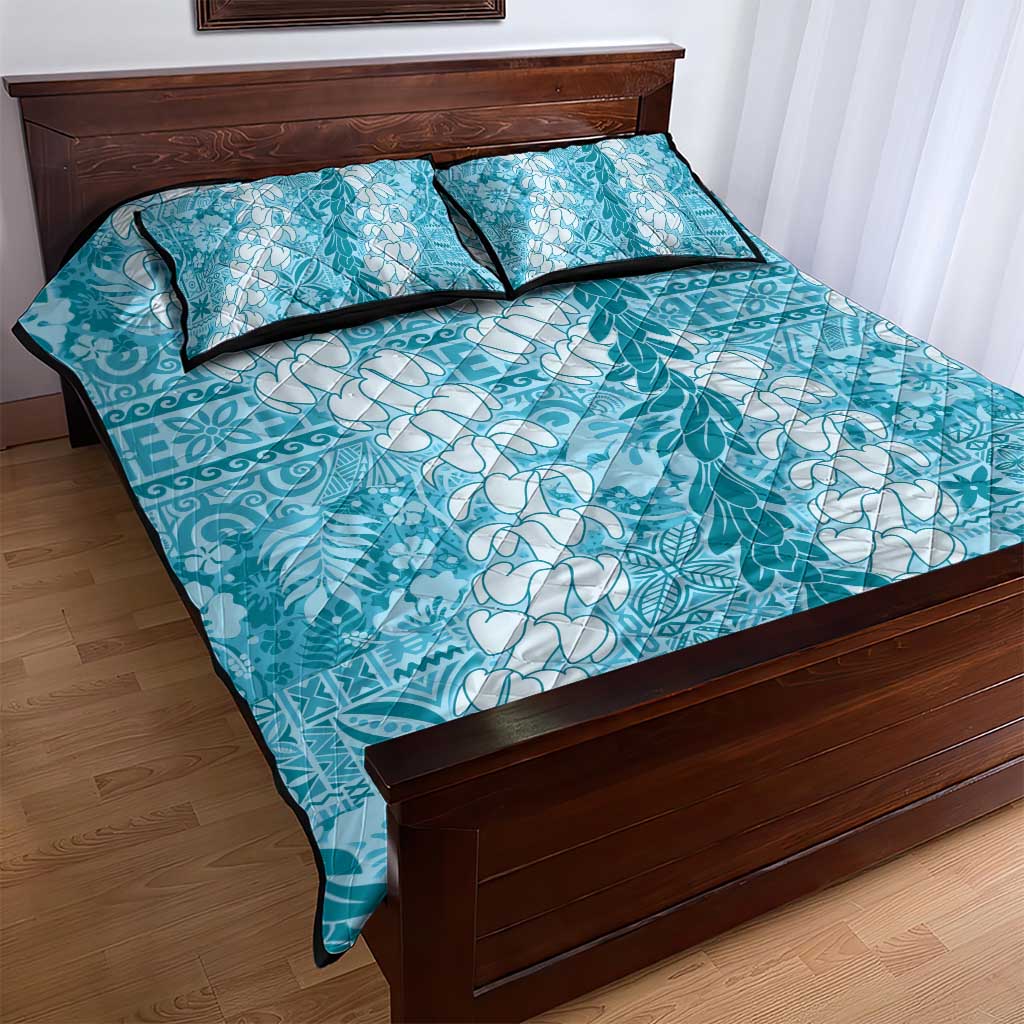 Blue Puakenikeni and Maile Lei Quilt Bed Set Hawaiian Style Tribal Tapa Double Strand Lei