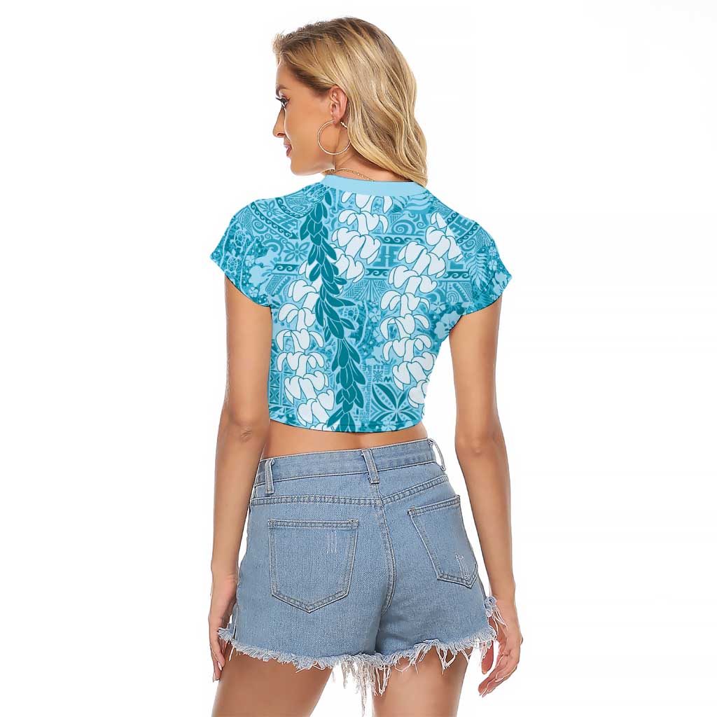 Blue Puakenikeni and Maile Lei Raglan Cropped T Shirt Hawaiian Style Tribal Tapa Double Strand Lei LT9 - Polynesian Pride