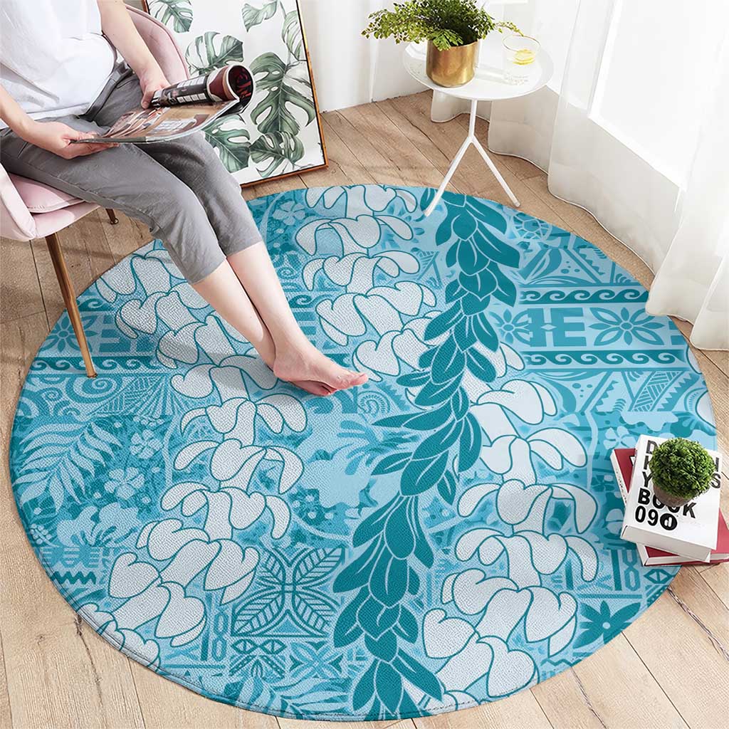 Blue Puakenikeni and Maile Lei Round Carpet Hawaiian Style Tribal Tapa Double Strand Lei