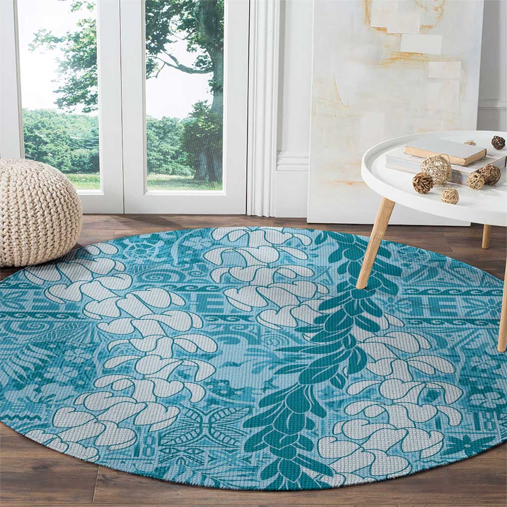 Blue Puakenikeni and Maile Lei Round Carpet Hawaiian Style Tribal Tapa Double Strand Lei