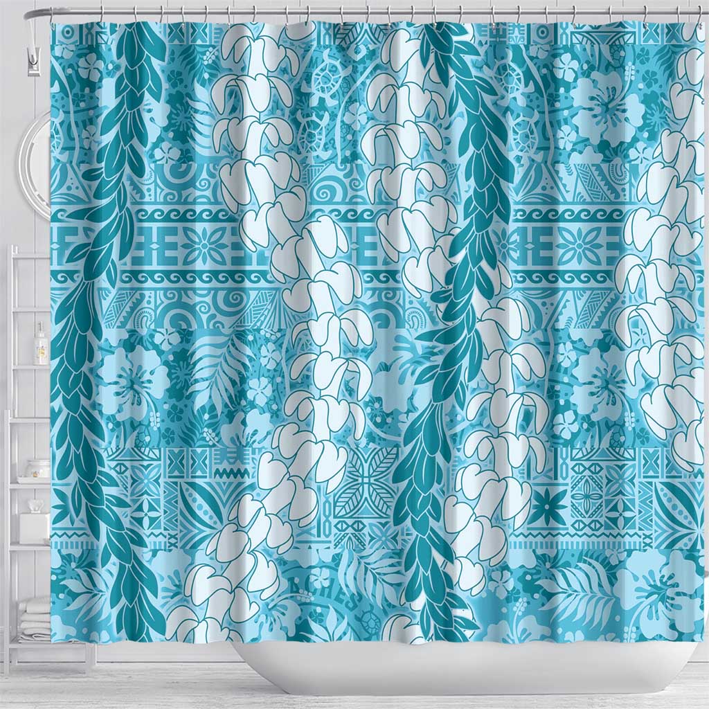 Blue Puakenikeni and Maile Lei Shower Curtain Hawaiian Style Tribal Tapa Double Strand Lei
