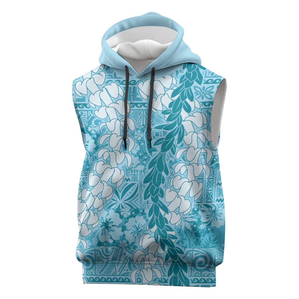 Blue Puakenikeni and Maile Lei Sleeveless Hoodie Hawaiian Style Tribal Tapa Double Strand Lei LT9 Blue - Polynesian Pride