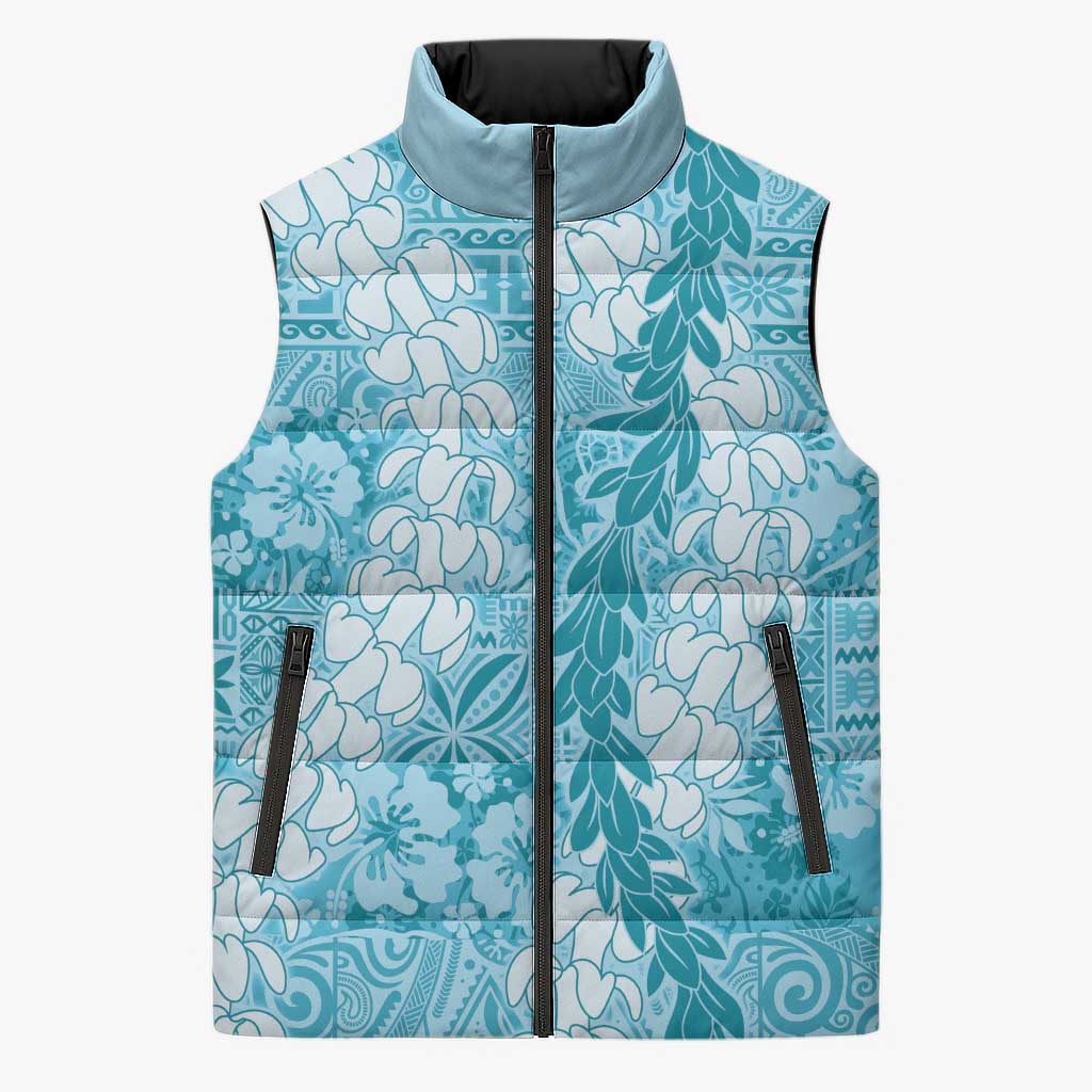 Blue Puakenikeni and Maile Lei Sleeveless Puffer Jacket Hawaiian Style Tribal Tapa Double Strand Lei - Polynesian Pride
