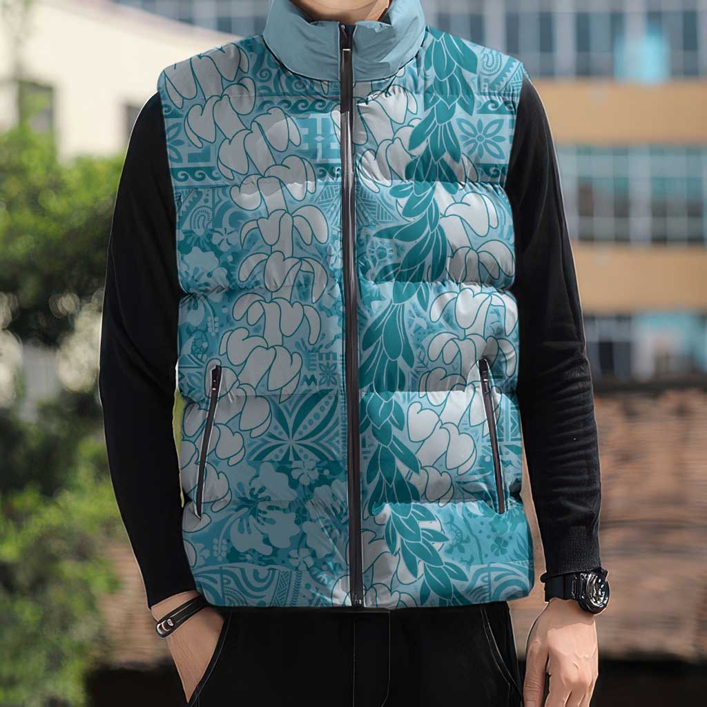 Blue Puakenikeni and Maile Lei Sleeveless Puffer Jacket Hawaiian Style Tribal Tapa Double Strand Lei - Polynesian Pride