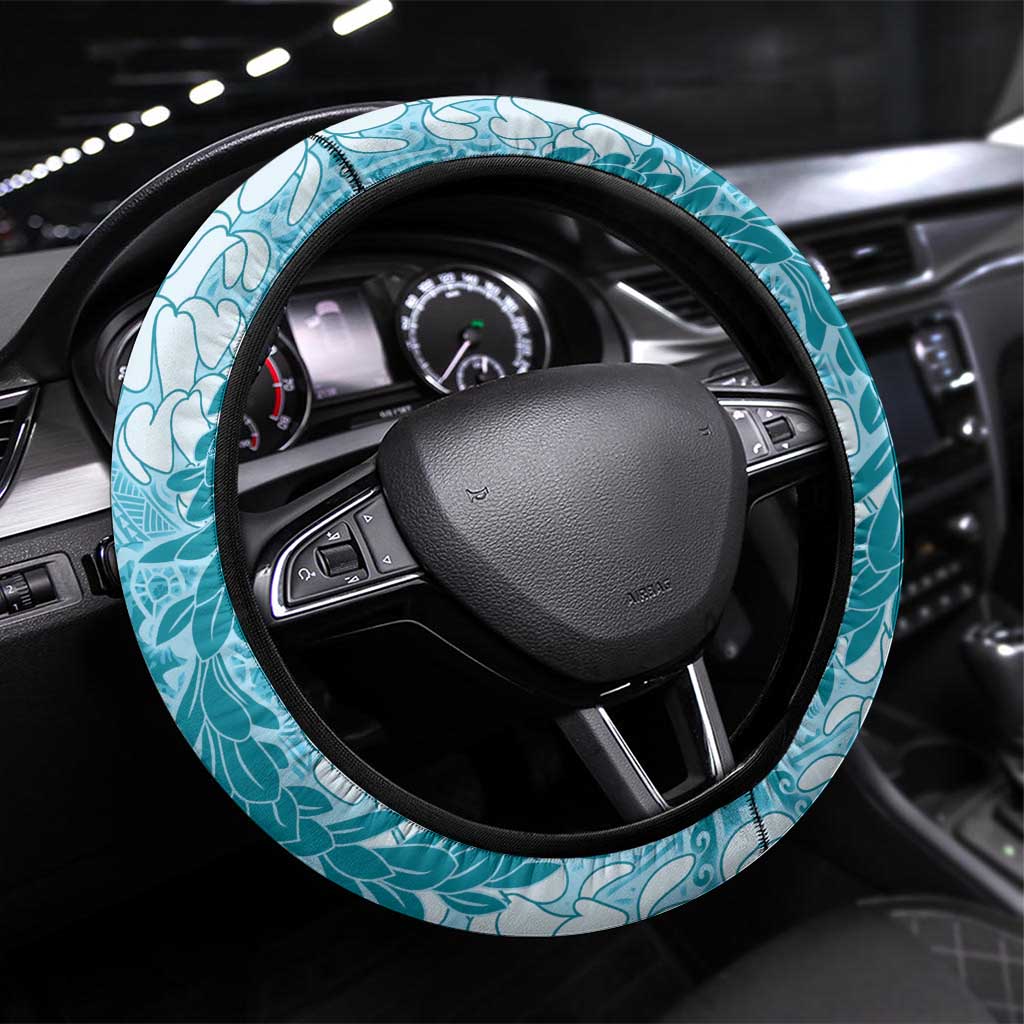 Blue Puakenikeni and Maile Lei Steering Wheel Cover Hawaiian Style Tribal Tapa Double Strand Lei